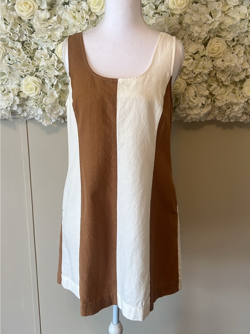 Sleeveless Brown and Cream Colorblock Mini Dress